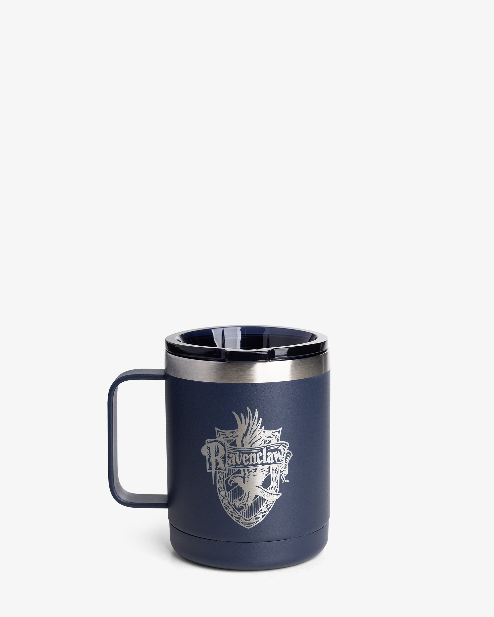 A navy blue insulated coffee mug with the Ravenclaw house crest from Harry Potter series.