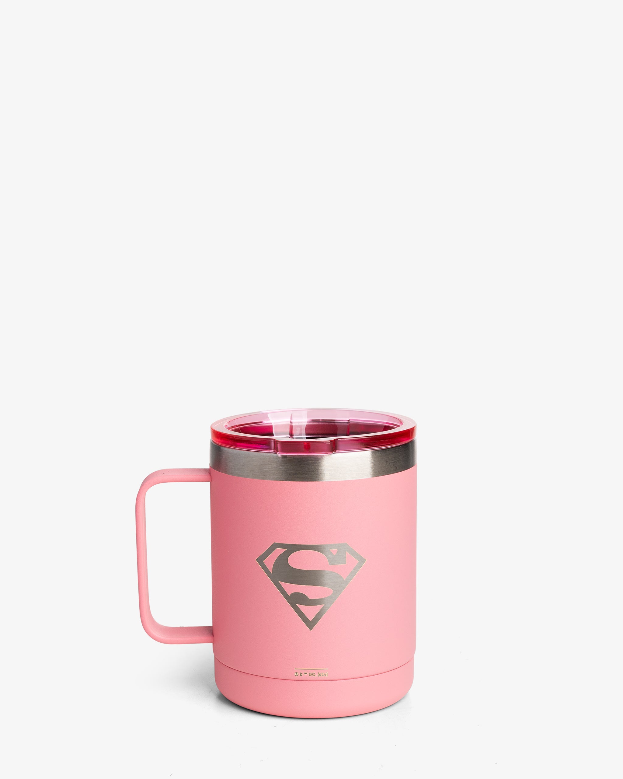 A pink insulated coffee mug with the Supergirl logo on it.