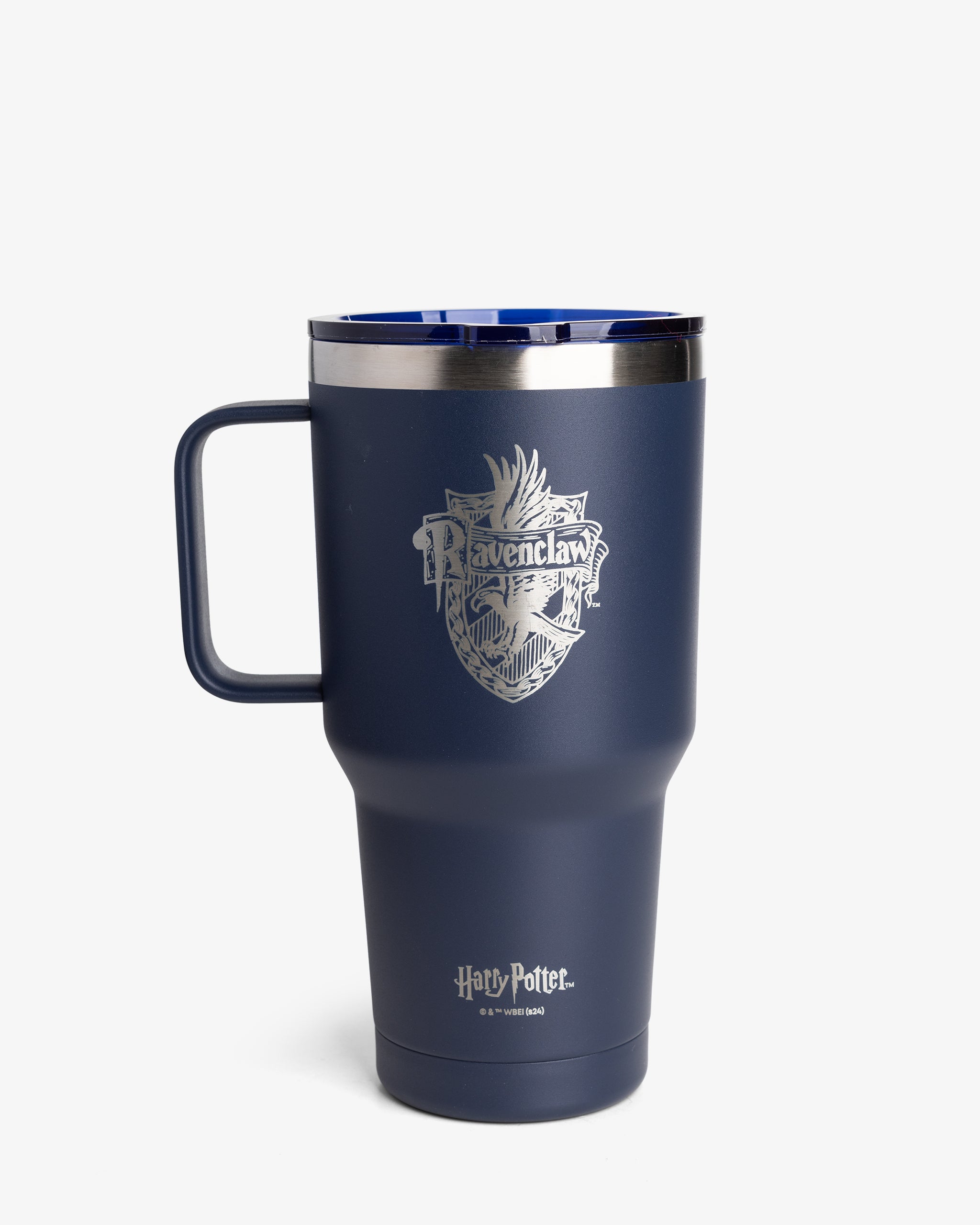 A navy blue insulated nomad tumbler with a flared design and a white Ravenclaw house crest from Harry Potter.
