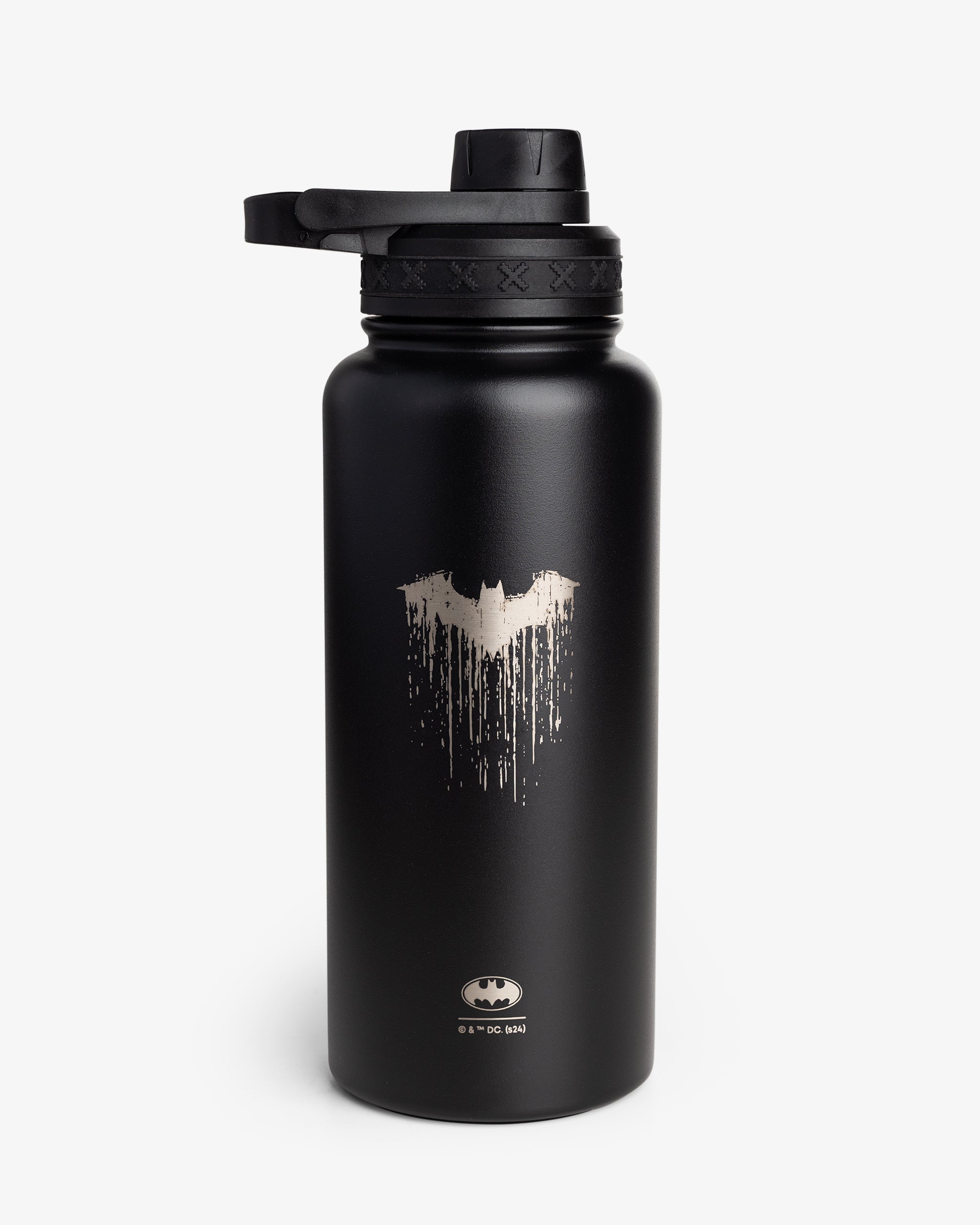 A black insulated sports bottle with a laser-engraved Batman dripping logo on the side.