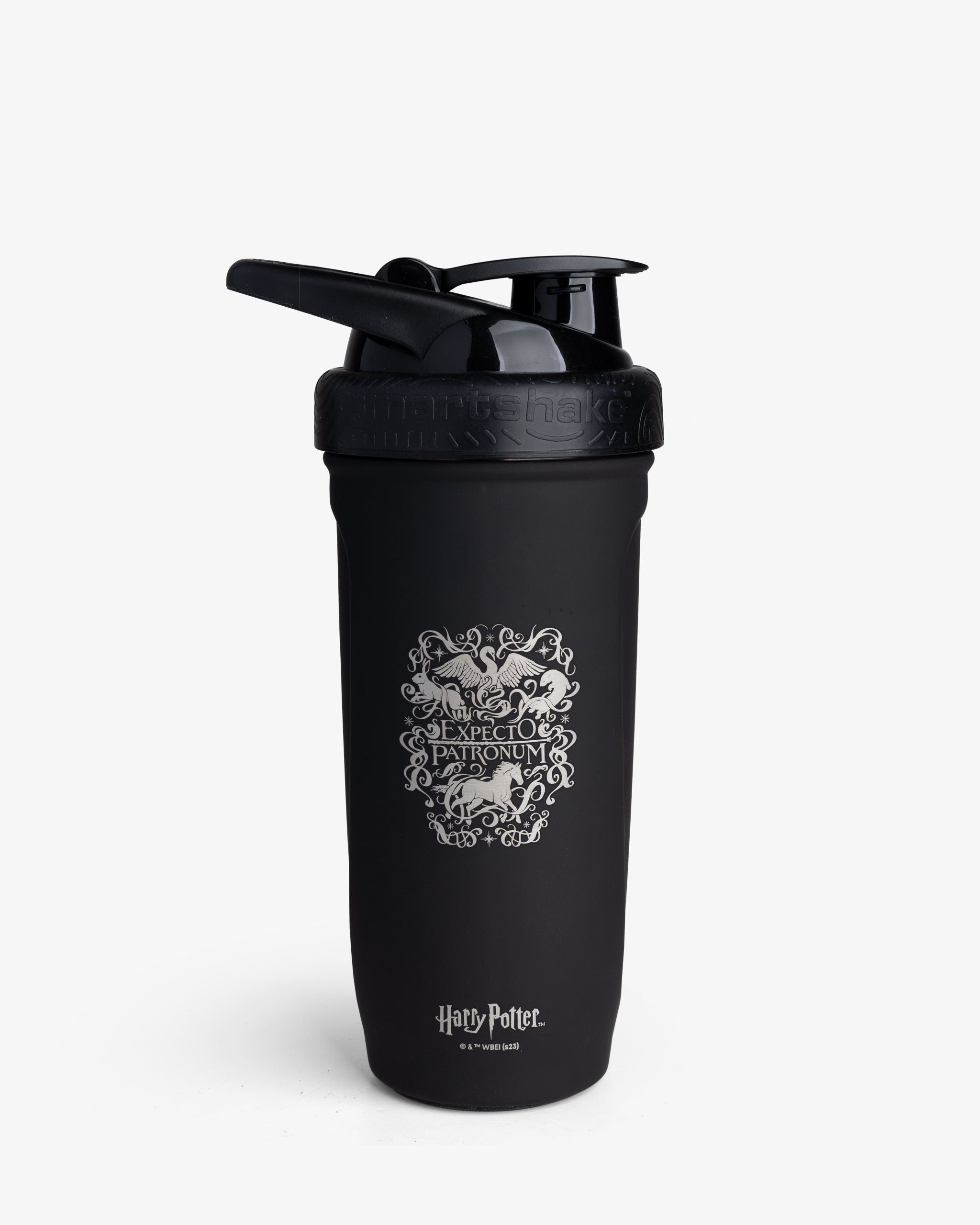 A black stainless steel shaker bottle with a Harry Potter themed graphic design.