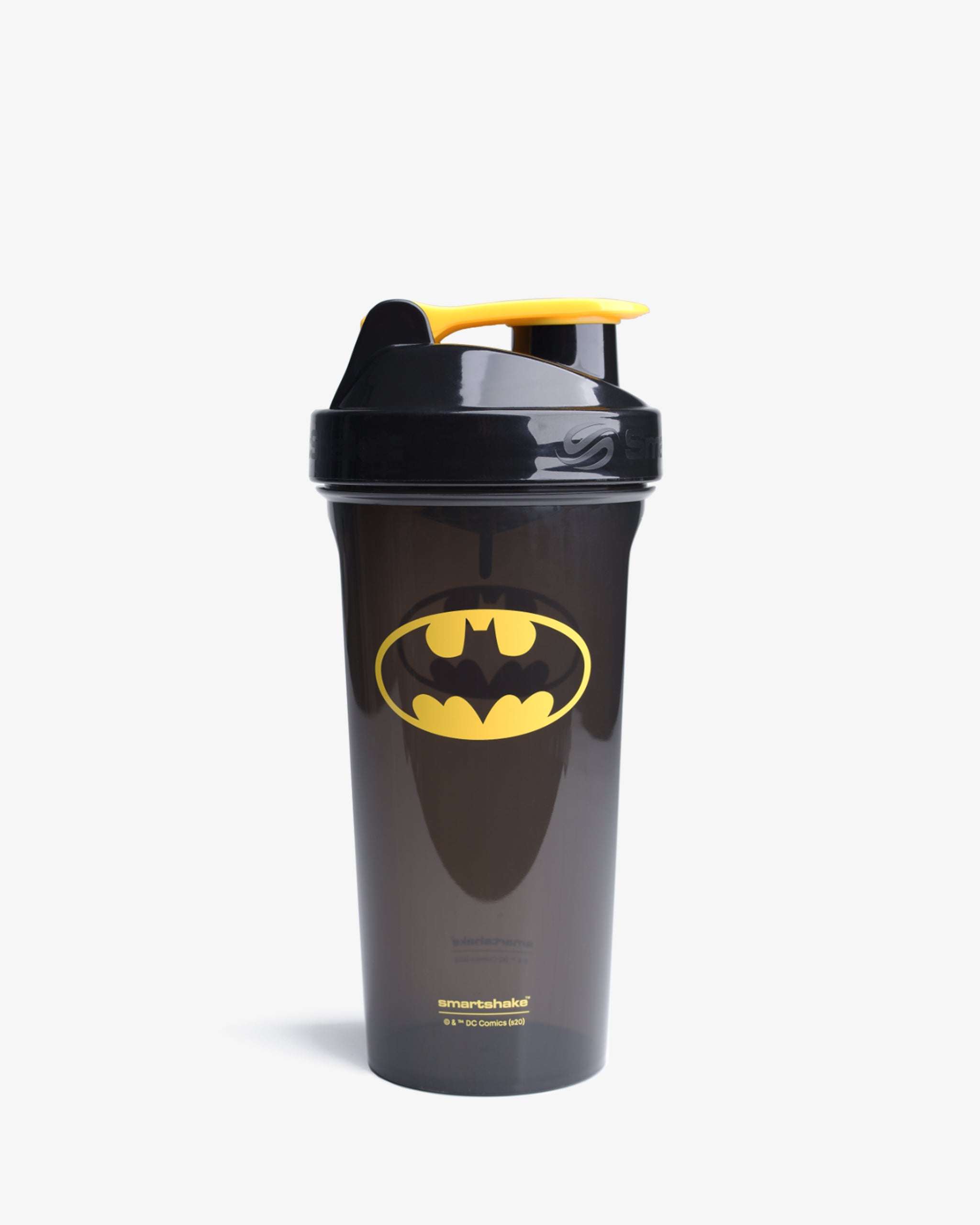 A black shaker bottle with the Batman logo in yellow.