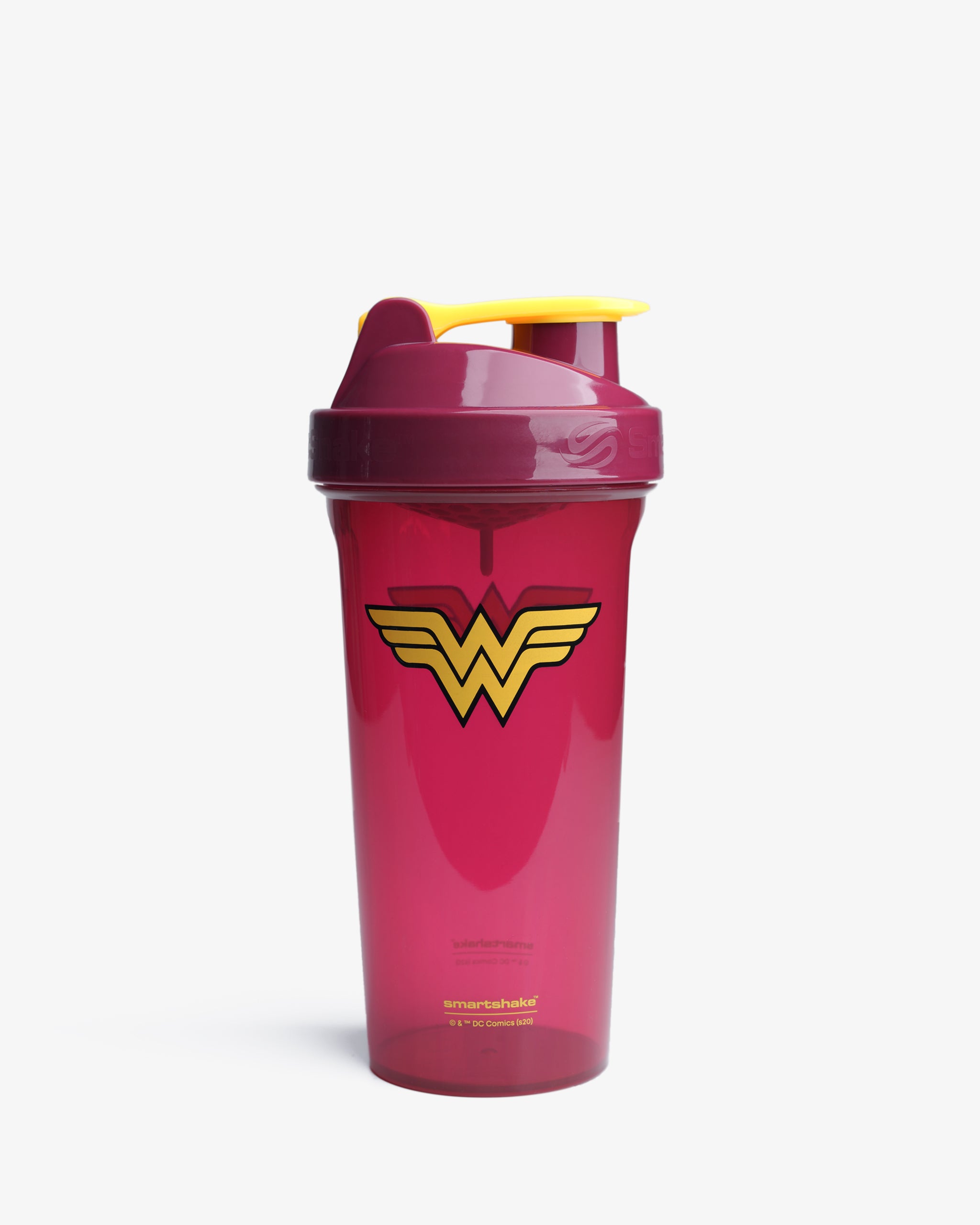 A red shaker bottle with the Wonder Woman logo in yellow and gold.