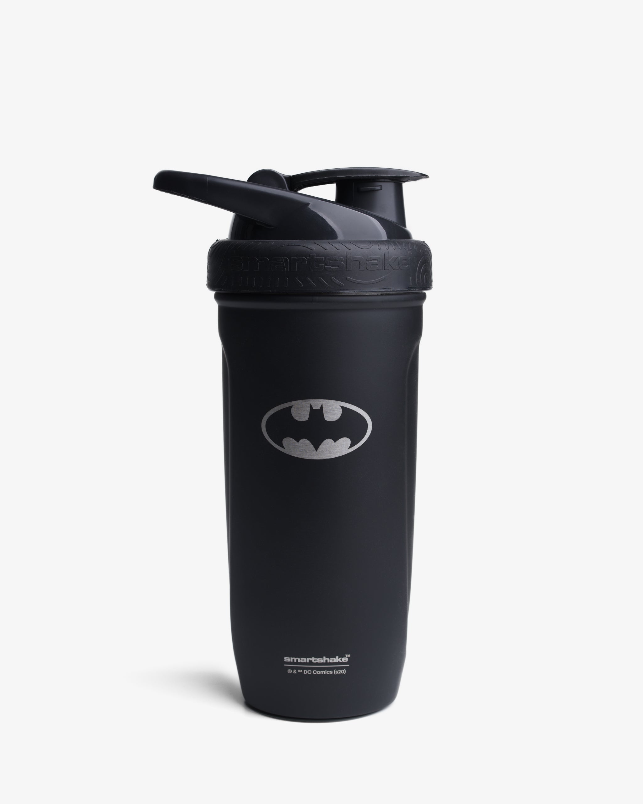 A black stainless steel shaker bottle with the Batman logo on it.