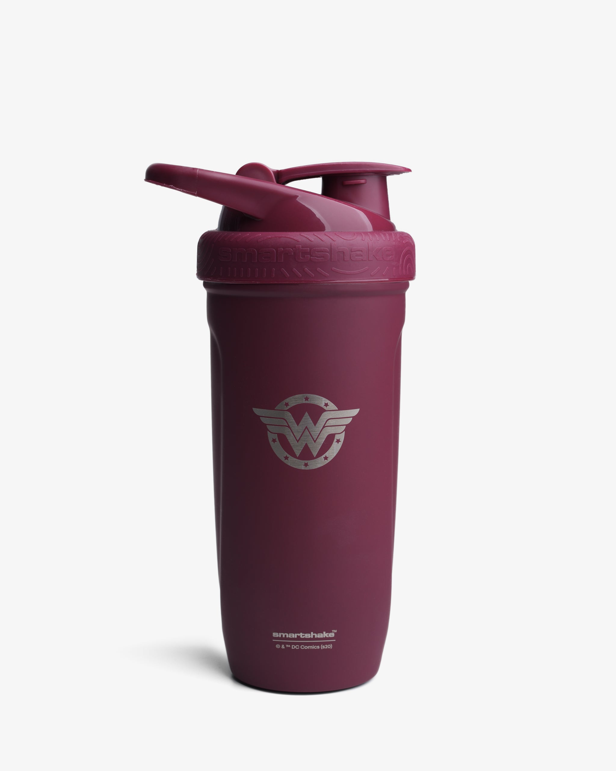 A purple stainless steel shaker bottle with the Wonder Woman symbol on the front and a flip-top lid.