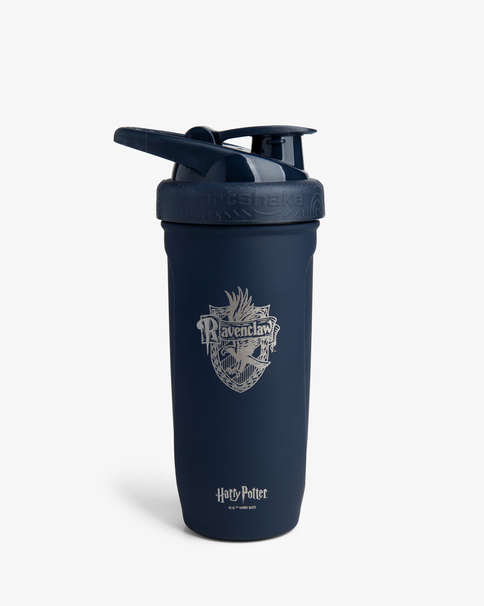 A navy blue stainless steel shaker bottle with a Ravenclaw crest from the Harry Potter series printed on it, along with a flip-top lid and a carrying handle.