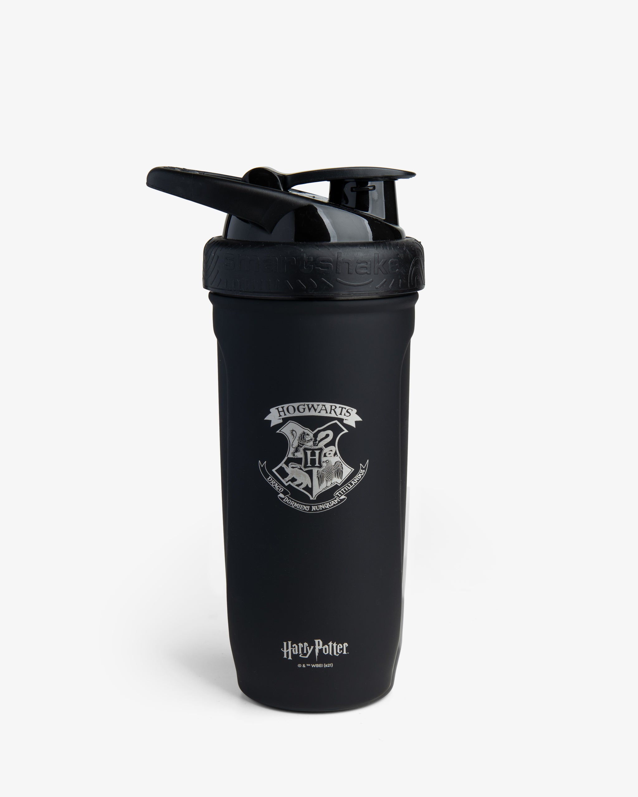 A black stainless steel water bottle with the Hogwarts crest from Harry Potter.