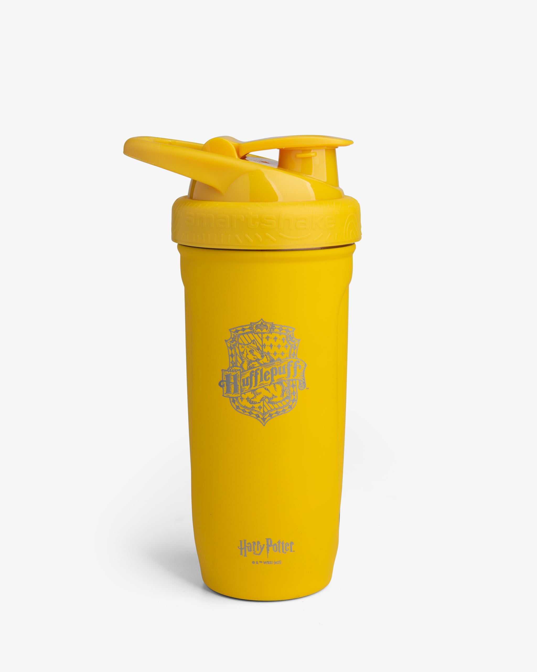 A yellow stainless steel water bottle with a Hufflepuff crest from the Harry Potter series.