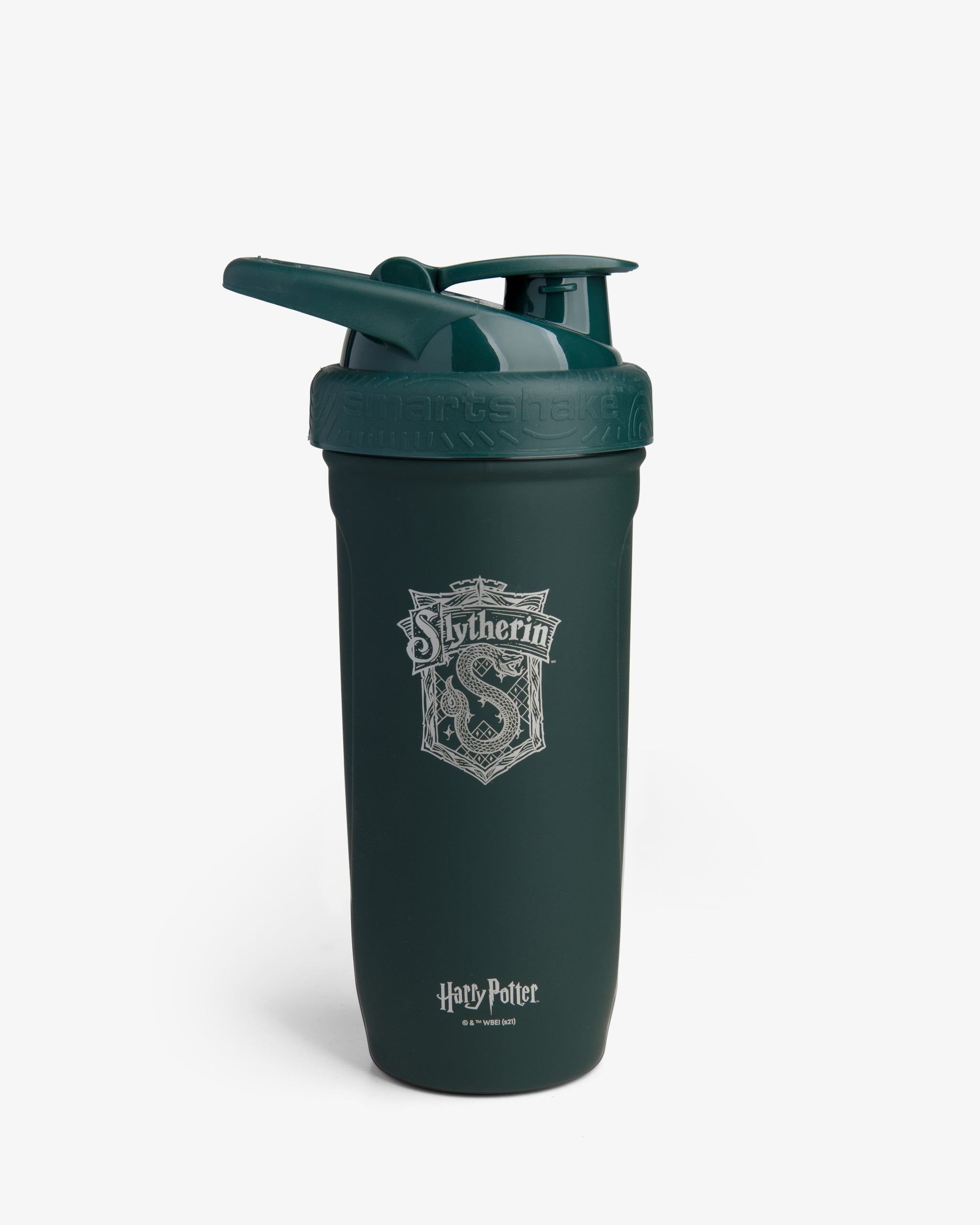 A stainless steel shaker cup with a green lid, featuring the Harry Potter Slytherin house logo.