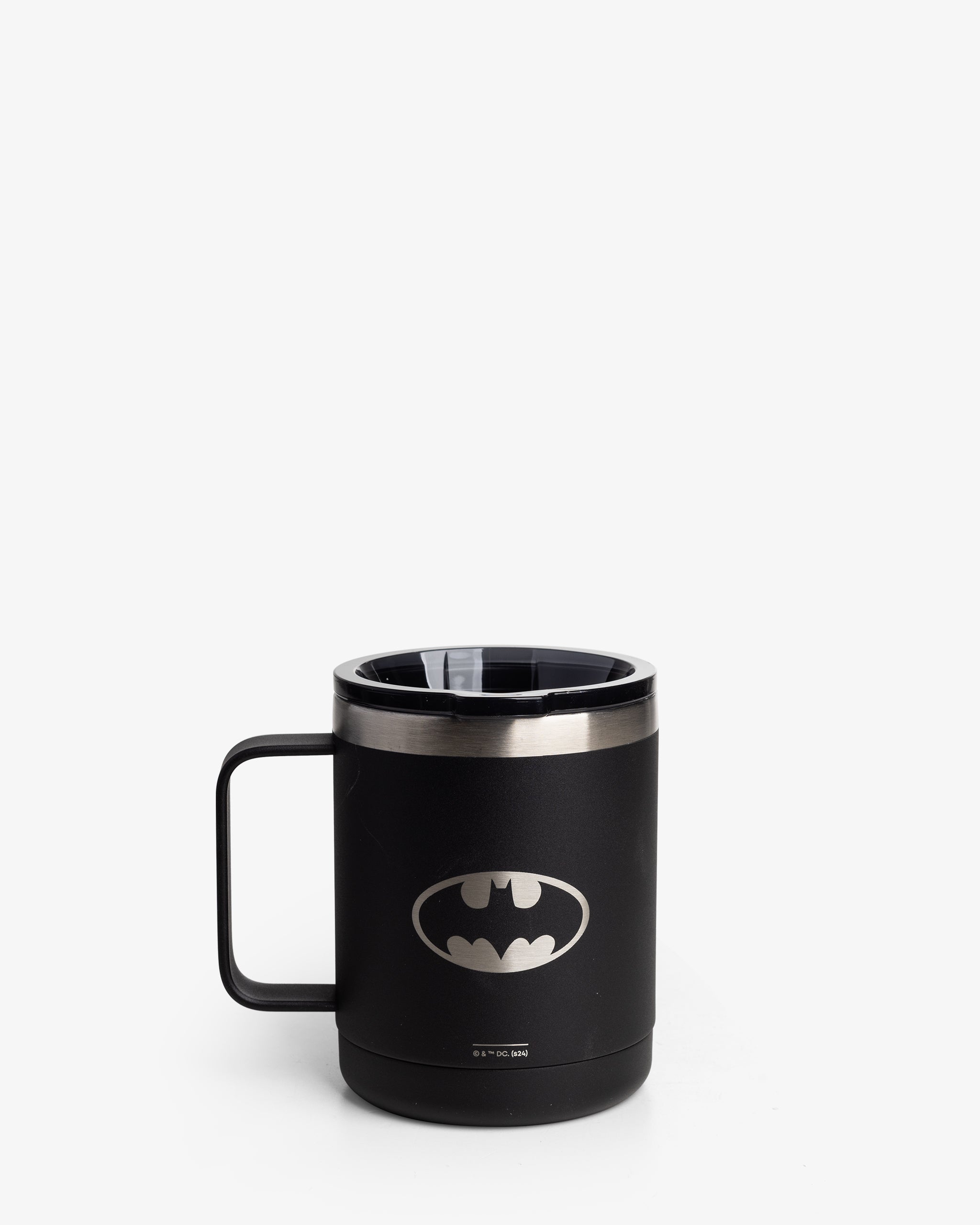 A black insulated coffee mug with the Batman logo on the front.