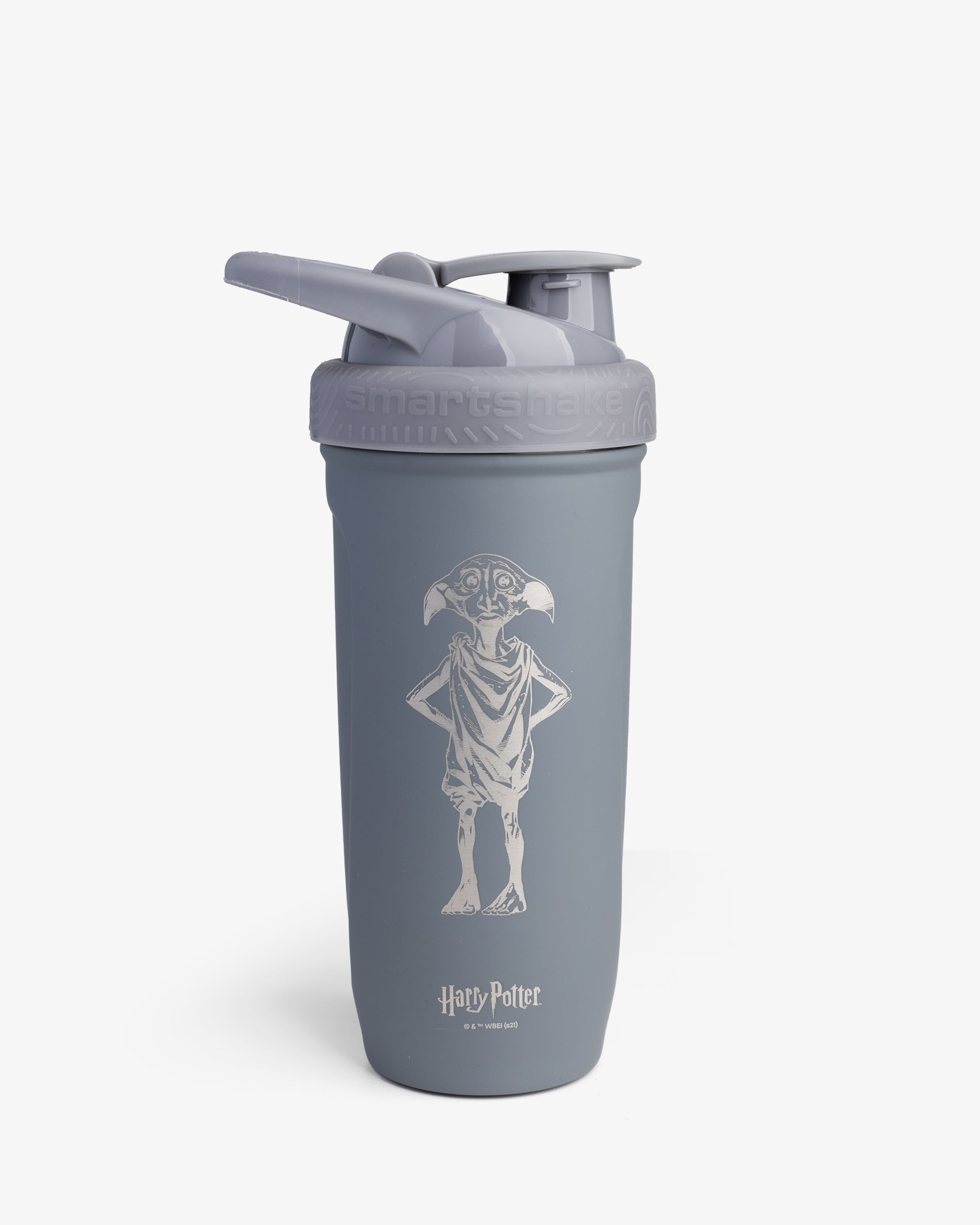 A stainless steel shaker bottle with a design of a free elf from the Harry Potter series, with a flip-top lid and measurement markings inside.
